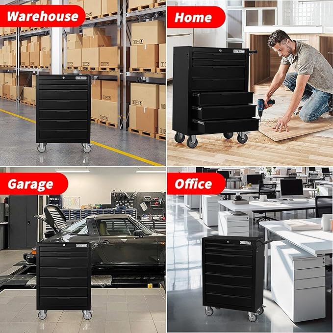 7-Drawer Rolling Tool Chest with Locking Wheels & Drawers, 13 D x 24.2 W x 34 H Mobile Tool Storage Cabinet, Heavy-Duty Garage Organizer w/Ergonomic Handle