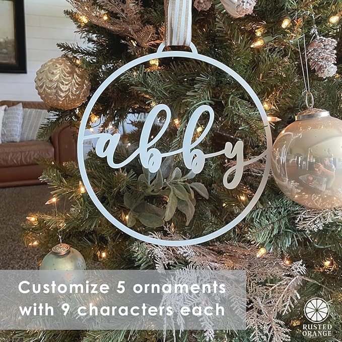 Minimalist Custom Ornaments (5 Pack; 6 inch) - Personalized Modern Metal Cursive Name Christmas Ornaments for Christmas Tree