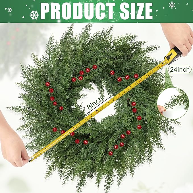 Lush Christmas Wreaths for Front Door with Red Berries Christmas Decorations 24 inch Real Touch Faux Cedar Wreath Large Winter Green Wreaths for Windows Outdoor Indoor Walls Home Xmas Holiday Decor