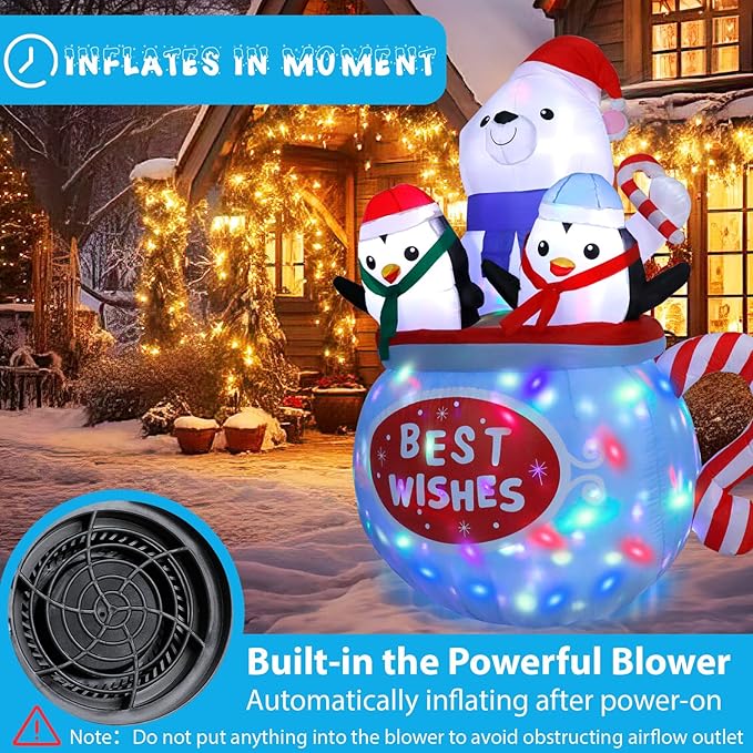 6FT Christmas Inflatables Outdoor Decs, Inflatable Polar Bear and Penguins in The Cup, Built-in Colorful LED Light, Blow Up Yard Decor for Lawn Garden Indoor Xmas Party, for Him, Her