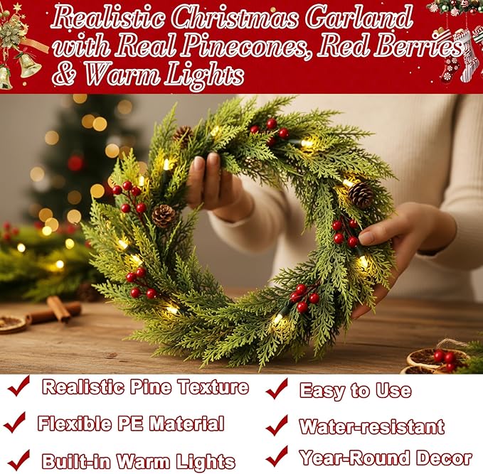 6.5FT Christmas Garland, Premium Rattan Garland with 30 LED Lights & Upgraded Battery Box, 4 Real Pinecones, 4 Berry Clusters, Indoor/Outdoor Christmas Decorations for Table, Mantle, Fireplace, Door