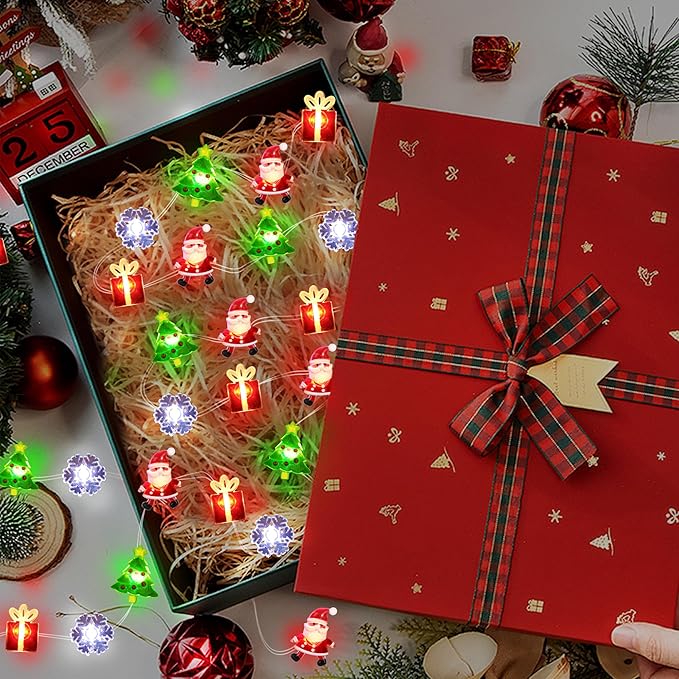 Battery Operated Christmas Lights 12FT 32 LED Snowflakes Christmas Tree Santa Clause Gift Box Xmas String Lights, Holiday Fairy Lights for Tree Decorations Table Home Indoor Holiday Decor