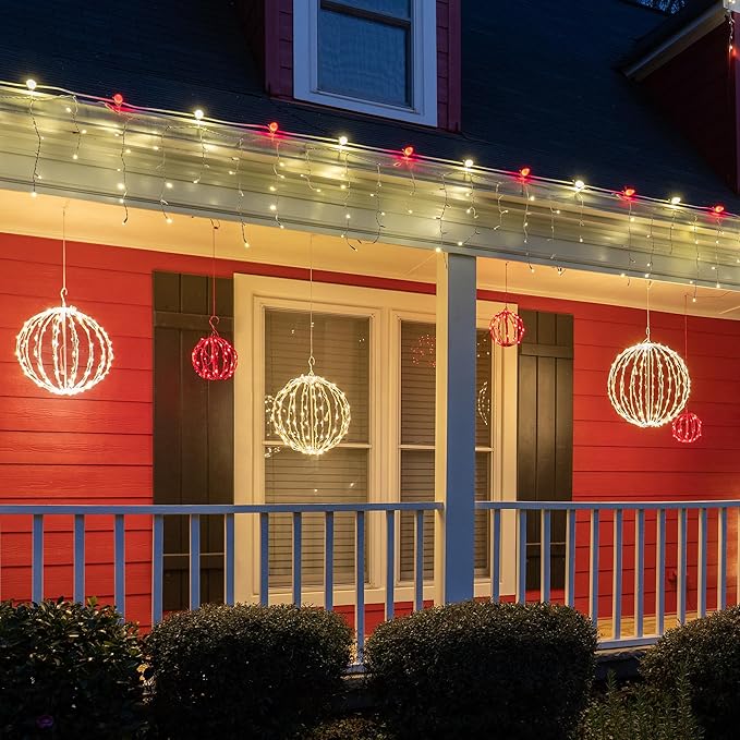 LED Light Ball Indoor-Outdoor Christmas Hanging Tree Globe Light Sphere, Fold Flat Metal Frame (12", White Frame/Red String Lights)
