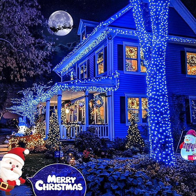 JMEXSUSS 200 LED Blue Christmas Lights Outdoor, Expandable 66ft Christmas String Lights Green Wire, 8 Modes Twinkle Xmas Tree Light Plug in for Party Indoor Ceiling Beroom Patio Fence Yard Decor