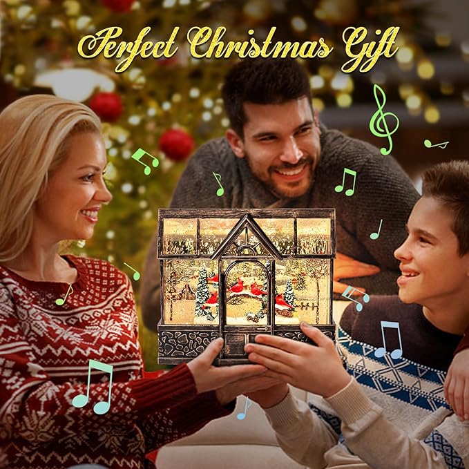 Christmas Lantern Snow Globe, Cardinal Music Box with 8 Songs, 6H Timer Battery Operated & USB Powered Suitable for Christmas Home Decorations Holiday Table Party Decor Gifts