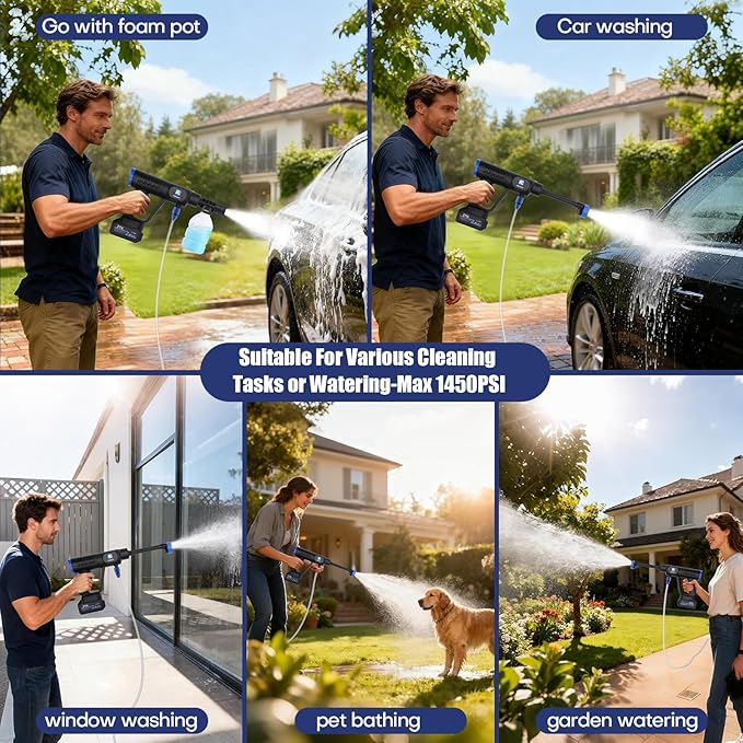 Cordless Pressure Washer,1450 PSI Brushless Portable Power Washer with LCD Display & Pressure Adjustable,2¡¿21V Rechargeable Batteries 6-in-1 Nozzle for Car,Patio,RV,Fence & Yard Cleaning