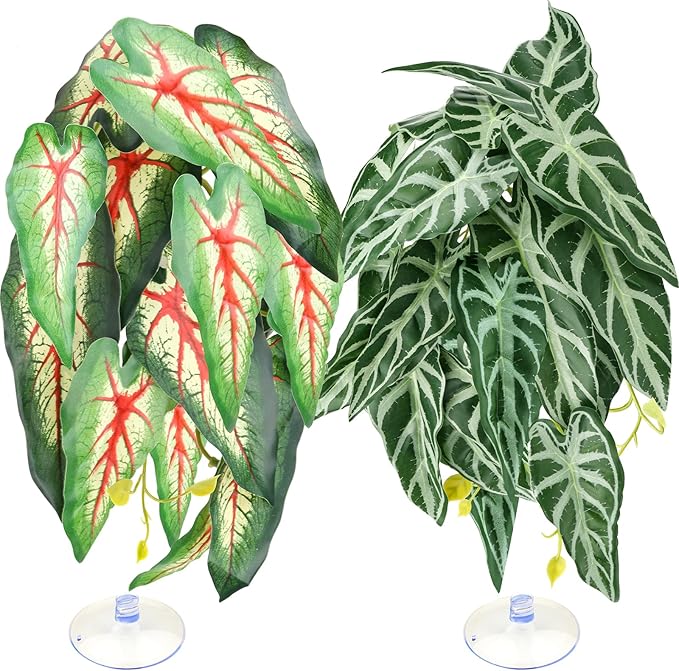2 Pack Reptile Plants for Terrarium, Artificial Leaves Habitat Decorations with Suction Cups, Terrarium Hanging Plants Vines for Bearded Dragons Lizards Snake Geckos Frogs - red and White