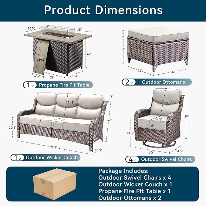 Luxury High Back Outdoor Furniture 6-Inch Thick Cushions with 50,000 BTU Gas Propane Fire Pit Tablet, Patio Furniture Set with Swivel Chairs, 8 PCS for Porch, Balcony, Deck and Yard