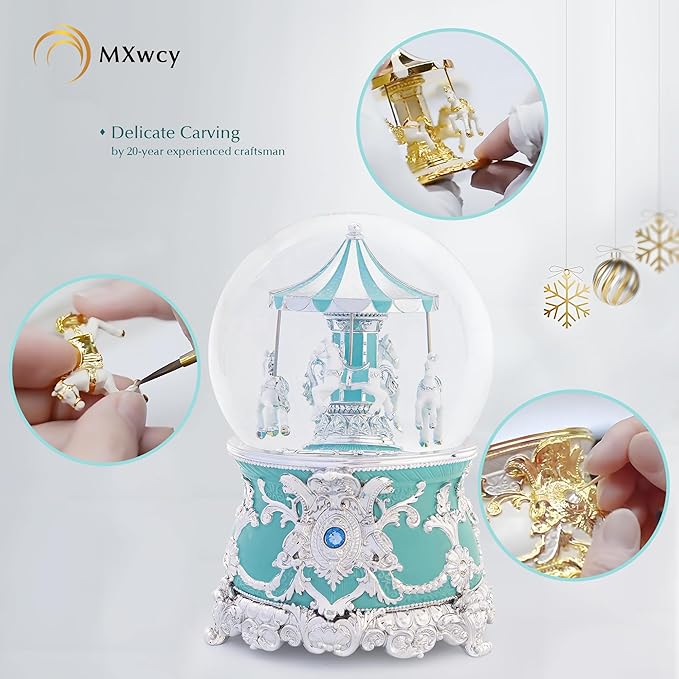 Carousel Music Box Silver Mint Christmas Snow Globes, 7.1" Glass Rotate Carousel Snow Globe for Kids & Adults, Classic Wind up Musical Snow Globe Birthday Gifts, Carousel Horse Home Decor