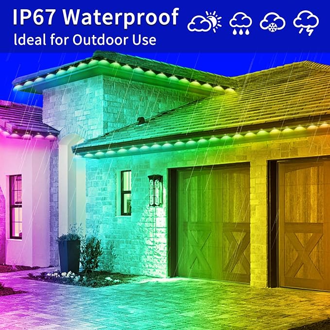 500ft Permanent Outdoor Light, RGB Smart Outdoor eave Lights with APP & Remote Control,timed Music synchronisation IP67 Waterproof LED eave Light,Suitable for Party,Halloween,Christmas,Rooftop,Garden