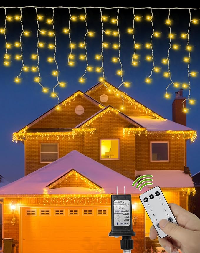 Christmas Icicle Lights for Outside 1000 LED 98FT with 160 Drops, Warm White Waterproof Fairy String Lights for Roof/Gutter/Wedding, 8 Modes & Remote, Timer, Energy-Efficient Holiday Decorations