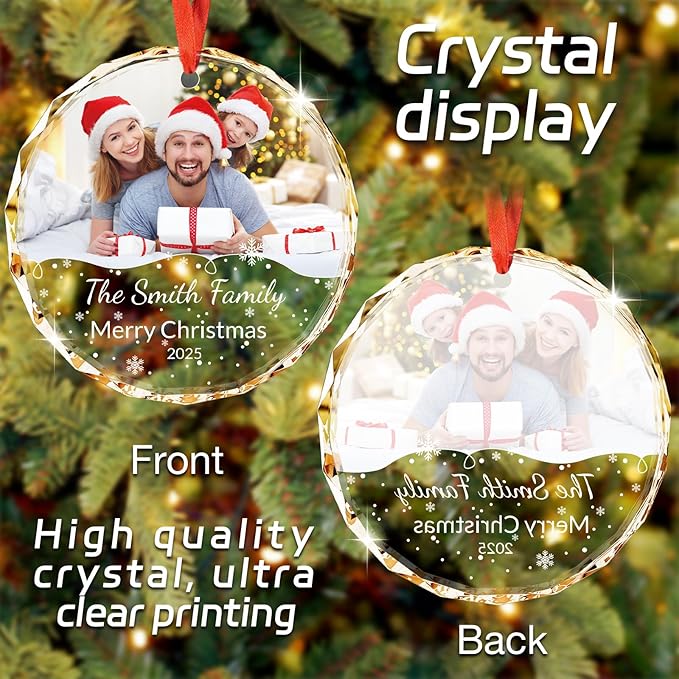 Personalized Crystal Ornament - Custom Photo Christmas Ornament with Text & Date, Customizable Holiday Keepsake Gift for Family, Mom, Dad, Couple, Friends - Elegant Christmas Tree Decoration
