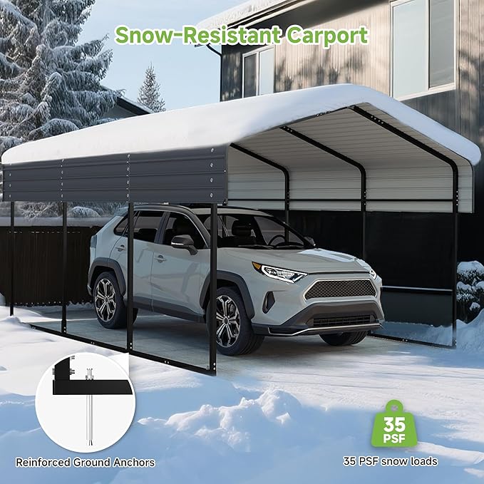10'x15' Heavy Duty Metal Carport, Outdoor Garage Car Shelter Shade with Heavier Frame, Galvanized Roof for Car and Boats, Grey