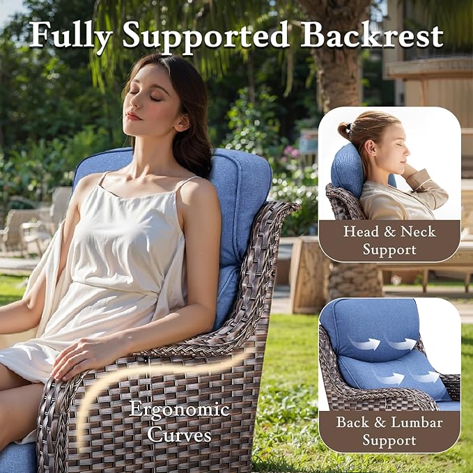 Luxury High Back Outdoor Furniture with 6-inch Extra Thick Cushions, Patio Furniture Set with Fire Pit Table & Swivel Chairs, 9 PCS Wicker Conversation Set for Yard, Deck, Poolside, Brown/Blue