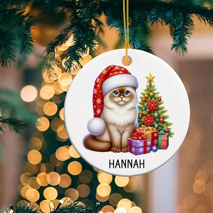 Customized Burmese Christmas Tree Ornament with Name, Personalized Burmese in Santa Hat Ceramic Ornaments, Cat Pet Christmas Ornament 2025, Cat Xmas Decor Gift for Pet Lover Kid Son Daughter