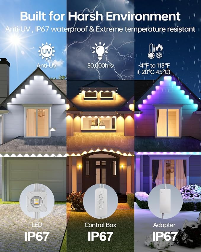ASAHOM Permanent Outdoor Light Pro S108C, 150FT with 108 RGBCW 70lm LED, WLED Integration, AI Lighting, 30000 Lighting Effect Combination, IP67 Waterproof for Christmas New Year Daily Decor, White