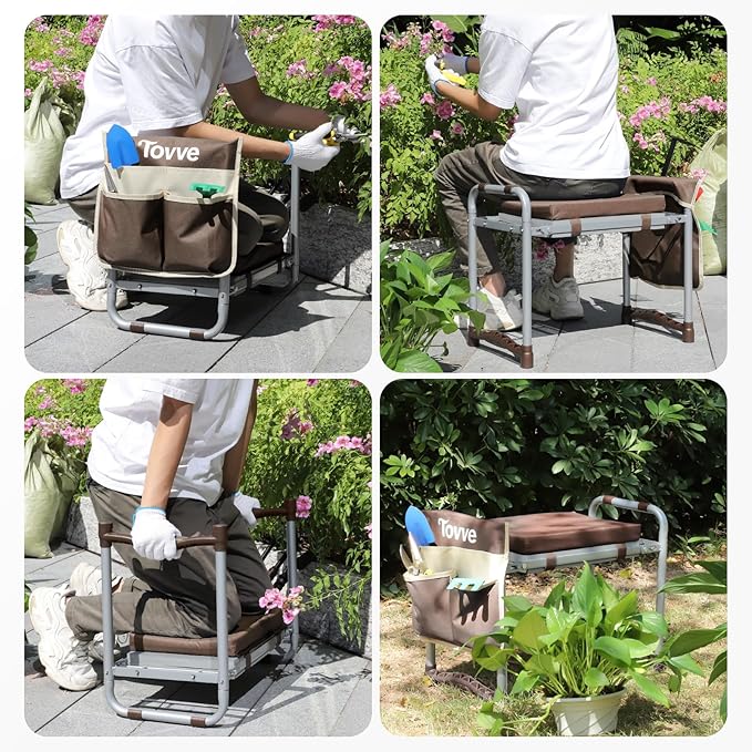 Foldable Garden Kneeler and Seat, Heavy Duty Garden Stool with 10 Wide Detachable Kneeling Pad, Portable Garden Bench Chair with Large Garden Tool Bag, Gardening Gifts for Women, Seniors, Mom