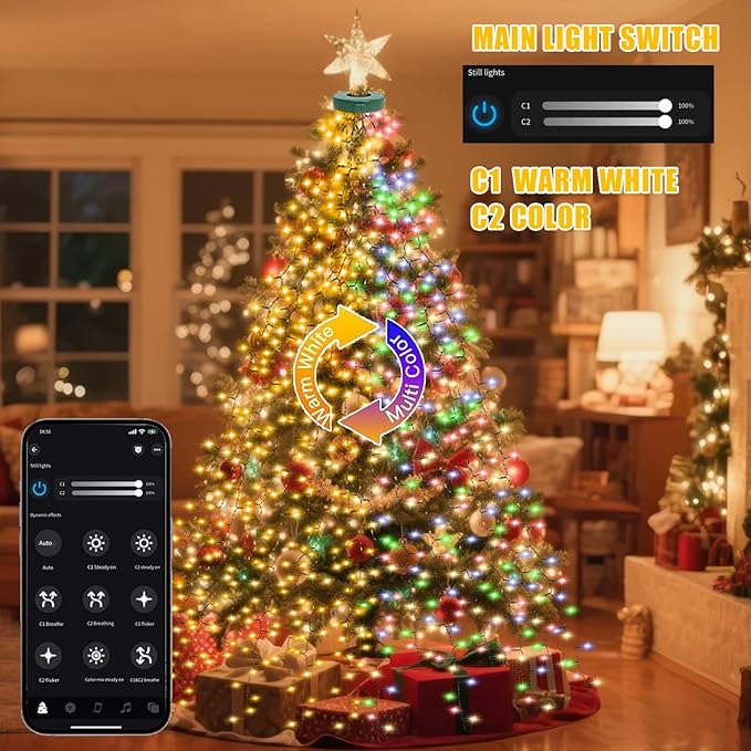Smart Christmas Tree Lights with Ring, 6.56Ft x 16 Lines String 400 LED Indoor Outdoor with APP Control Music Sync DIY scenarios 17 Modes Multicolor Timing for Christmas Tree Decorations