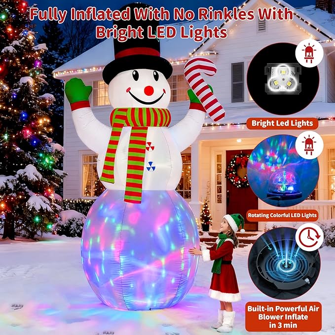 12FT Christmas Inflatables Snowman Outdoor Decorations, Giant Christmas Blow Up Snowman Inflatable in Waving Pose with Candy Cane, Rotating Colorful LED Light for Holiday Party Garden Yard Deco