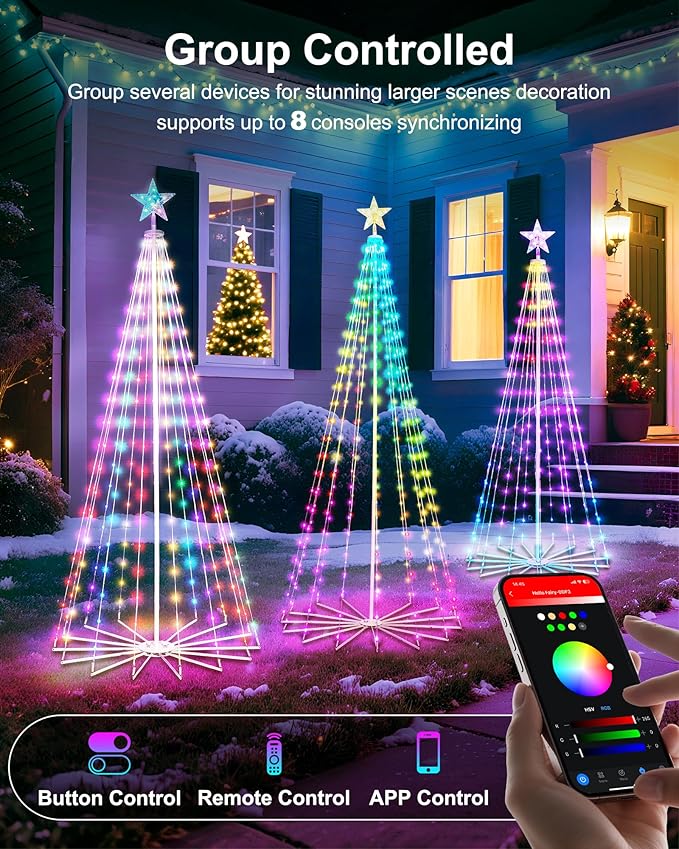 Smart Christmas Cone Tree LED Light, 6/7/8ft 900 LED Music Sync with Remote APP and Local Control, Pattern and Text Displayable, 16 Million Colors Light Show Tree for Indoor Outdoor Decorations