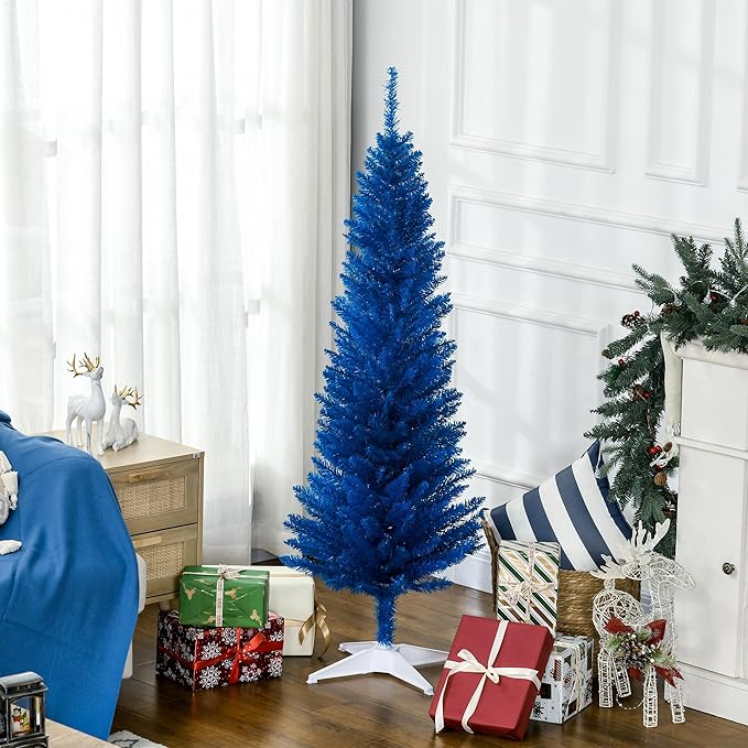 HOMCOM 5' Artificial Pencil Christmas Tree, Slim Xmas Tree with 294 Realistic Branch Tips and Plastic Stand, Blue