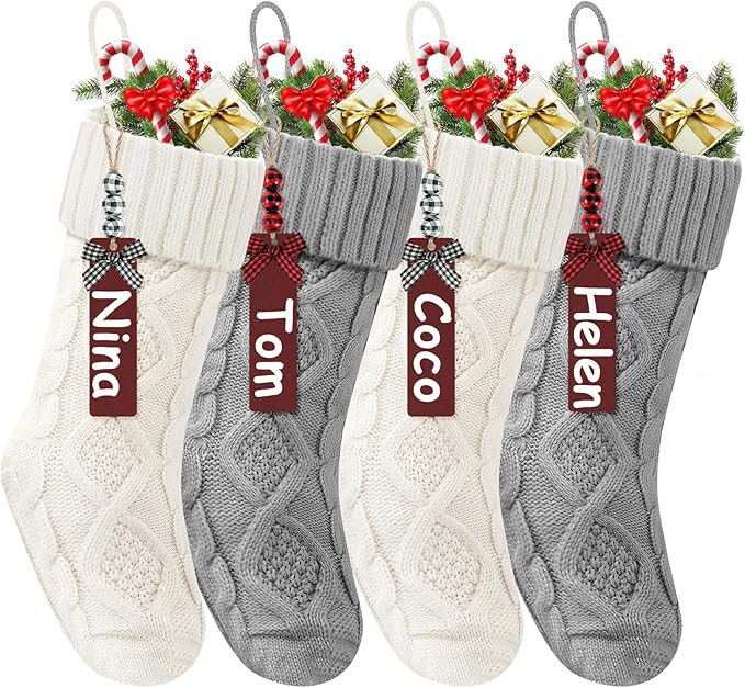 Christmas Stockings 18 Inches,Long Knitted Stocking with Name Tags, Christmas Decoration Hanging Stockings Fireplace Xmas Tree Ornaments for Home Family