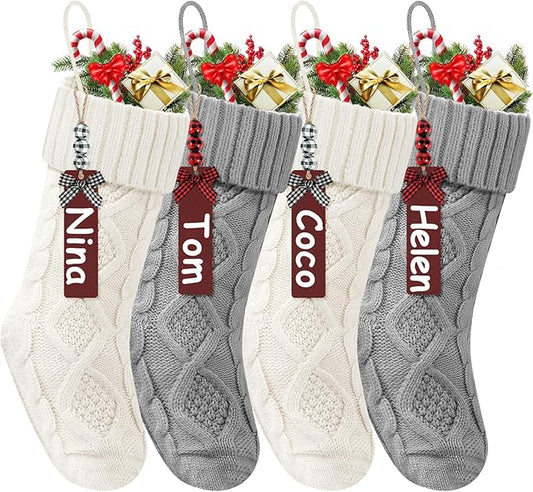 Christmas Stockings 18 Inches,Long Knitted Stocking with Name Tags, Christmas Decoration Hanging Stockings Fireplace Xmas Tree Ornaments for Home Family