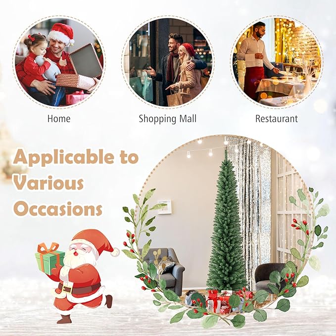 GOFLAME 7FT Prelit Pencil Christmas Tree, Slim Artificial Xmas Tree with 523 Memory Wire Branch Tips, 190 Warm White LED Lights & Upgraded Metal Stand, Seasonal Holiday Decoration Tree for Home Party