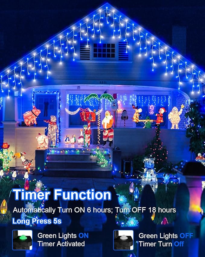 106 FT Christmas Lights Outdoor, 972 LED Waterproof Outside Christmas Lights Plug in, Connectable 8 Modes Hanging Fairy Lights with 216 Drops for House Eaves Yard Patio Blue and White