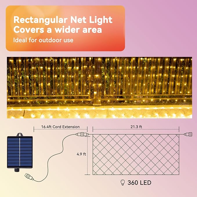21ft x 5ft Solar Net Lights Outdoor, Solar & USB 2 Power Way 360 LED Waterproof Mesh Lights for Bushes, Remote Control 8 Modes String Light Trees Patio Garden Christmas Indoor Decor (Warm White)