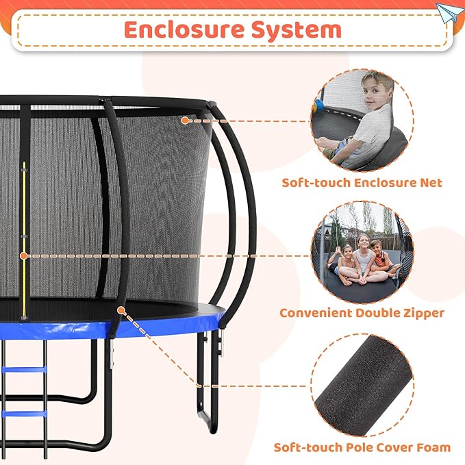 8FT 10FT 12FT 14FT 16FT Trampoline Outdoor, Trampolines for Kids & Adults, Pumpkin Trampolines with Safety Net, Ladder, Coating Metal Frame, ASTM Approved Large Backyard Trampoline for Kids