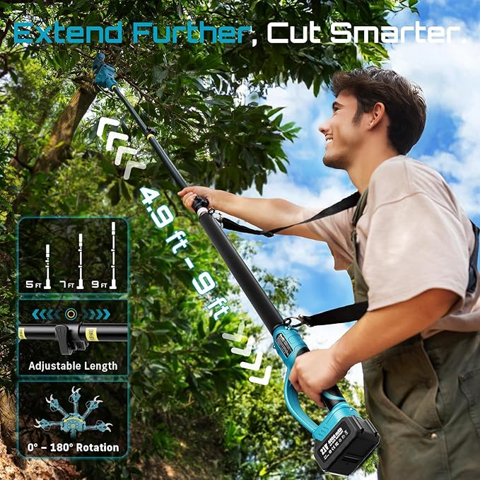 SEESII Pole Electric Pruning Shears: 1.8 Cutting Diameter 2-in-1 Cordless Power Pruner - Brushless Motor, Dual 4.0Ah Batteries, Extra SK5 Blade, 4 Modes Adjustable Branch Cutter for Garden Trimming