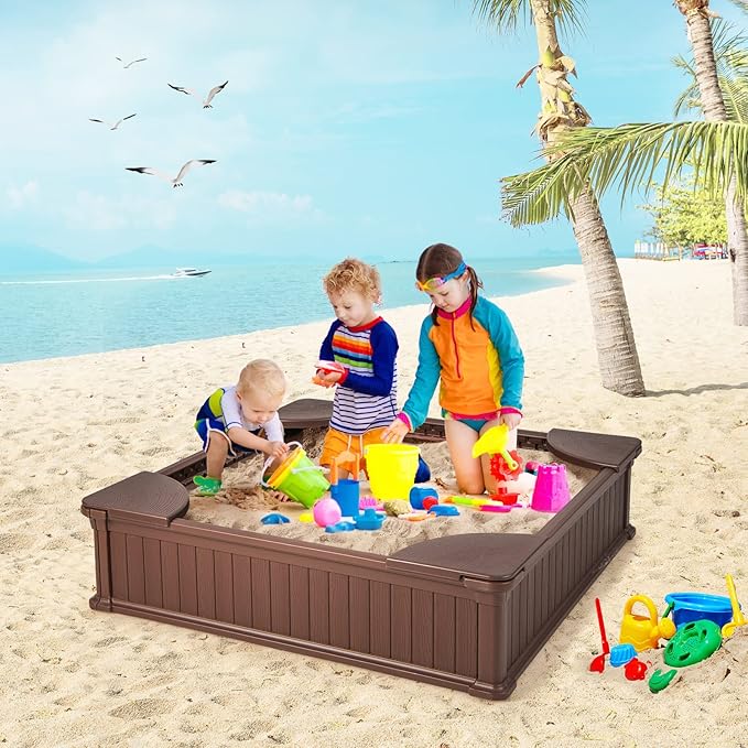 HONEY JOY 12.5 Kids Sandbox with Cover, 48 x 48 Inch Large HDPE Pit for Backyard, 4 Corner Seats & Bottom Liner, Sand Protection, All Weather Resistant Sand Boxes for Kids Outdoor (Coffee)