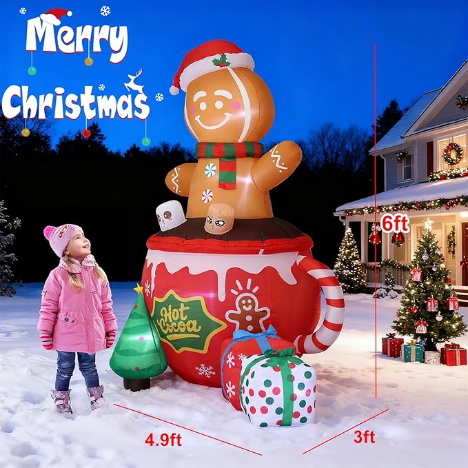 6FT Christmas Inflatables, Gingerbread Inflatables Outdoor Decorations, Cute Christmas Blow Up Decorations for Indoor Garden Lawn Party Decor