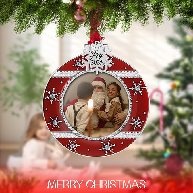 2025 Christmas Tree Ornaments 3 Piece Picture Frame Hanging Ornament Decorative Holiday Keepsake Gift Snowflake Pendant with 2” Photo Frame Insert for Picture of Pet (3 Piece Gift Set)