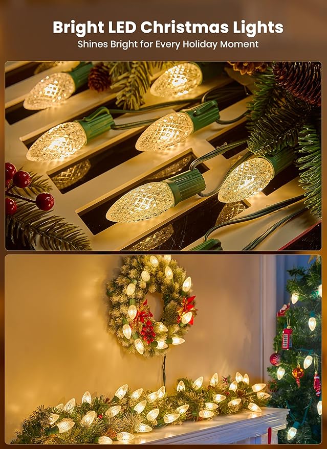 C9 Christmas Pathway Lights Outdoor, 25.7 Feet 20 LED C9 Strawberry Walkway Lights with Marker Stakes, Connectable Shatterproof C9 String Lights for Lane Outside Yard Decorations, Warm White, 2 Pack