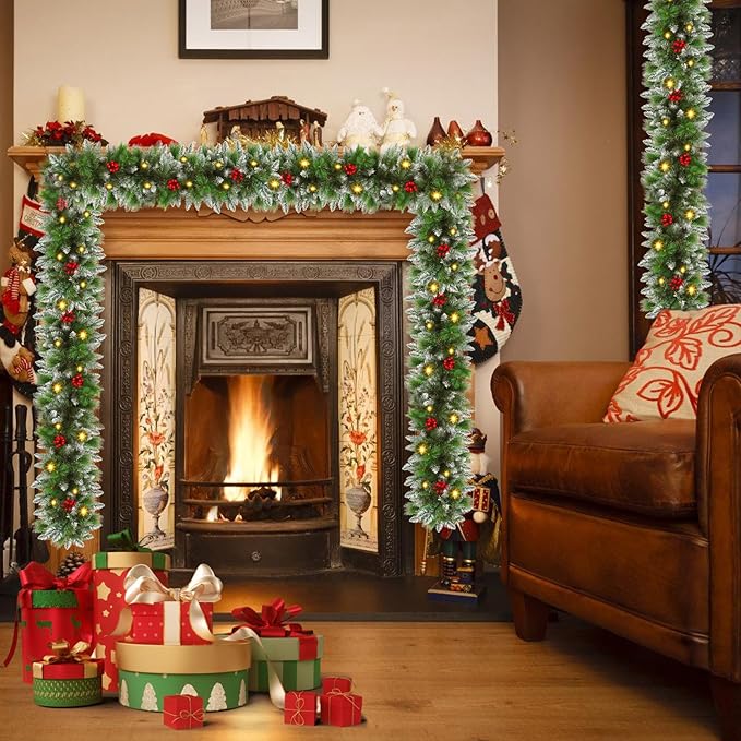 9FT Artificial Christmas Garland with LED Light Battery Operated Light Garland with 30 LED Warm Lights and 18 Red Berries for Mantle Stairs Fireplace Xmas Decoration