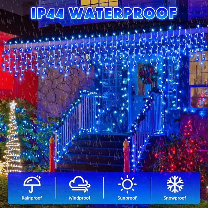 118 ft 1248 LED Christmas Outdoor Icicle Lights LED Fairy String Hanging Lights Waterproof with 8 Modes Timer for Christmas Decorations Wedding Holiday Party Roof Yard, Blue