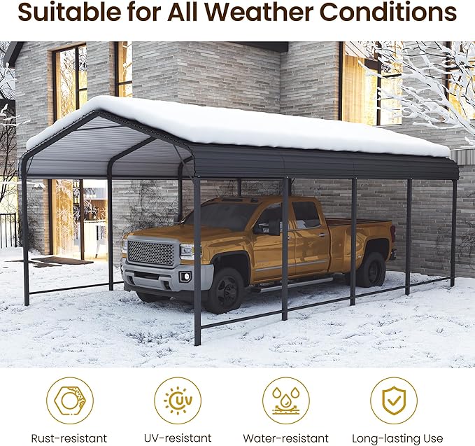 Wisteria Lane 12x20FT Metal Carport, Heavy Duty Carport Canopy with Reinforced Frame and Base for All-Weather, Outdoor Garage Car Port for Boats, Tractors, Pickup Trucks or Party, Dark Gray
