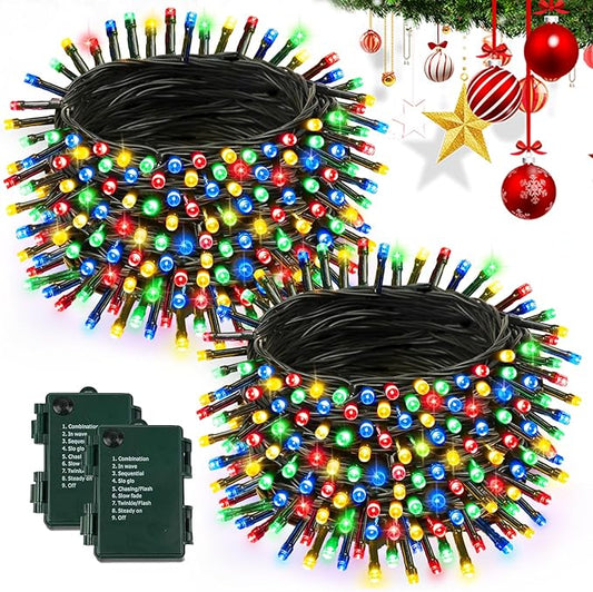 2 Pack Battery Operated Christmas Lights with Timer, 66FT 200 LED Waterproof Battery Twinkle Light, 8 Modes Green Wire Fairy Lights for Indoor & Outdoor Bedroom Tree Christmas Decorations (Multicolor)