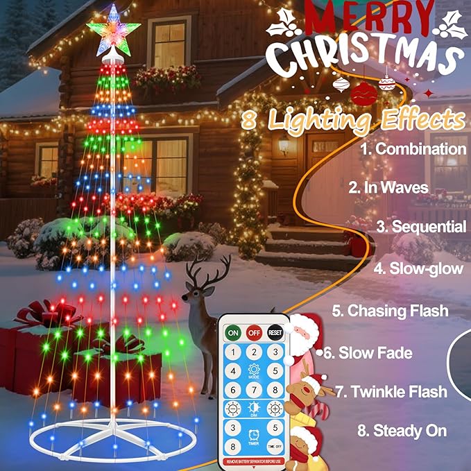 Forlivese 204LED Outdoor Solar Christmas Tree Lights, 5FT Lighted Artificial Cone Tree with Remote, 8 Modes, USB Charge, Timer & Waterproof Christmas Tree Decor for Garden Yard Patio, Multicolor