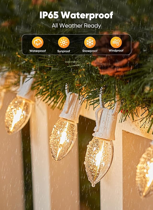 Vintage C9 LED Christmas Lights Outdoor, 25Ft C9 String Lights with 25 Shatterproof Colorful Bulbs, Waterproof Connectable Christmas Tree Lights for Roofline Holiday Garden Party Xmas Decorations