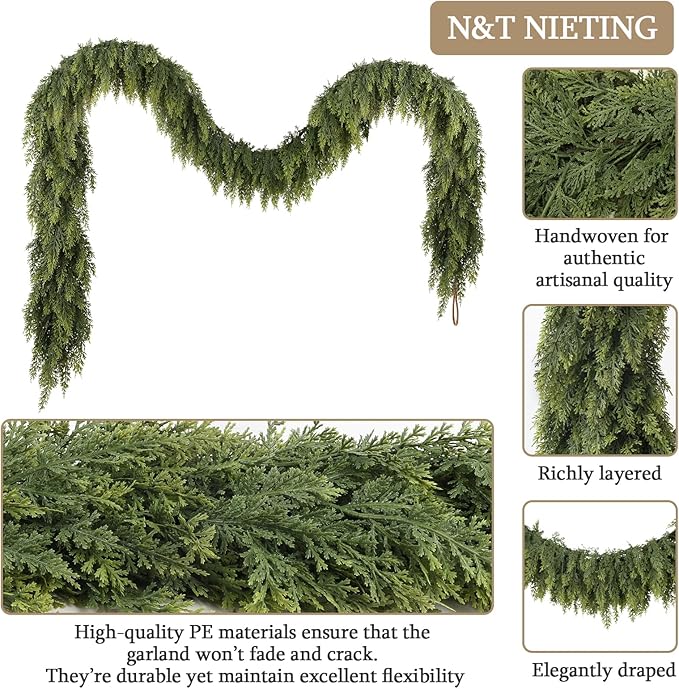 9ft Christmas Cedar Garland with Soft Thickness Pine, Artificial Green Faux Cedar Pine Garland for Mantle Fireplace Indoor Outdoor Holiday Party Home Decoration（4 Pcs）
