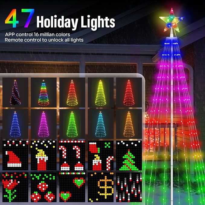 6ft DIY Outdoor Christmas Trees for Yard with 47 Prelit Lights 265 LED Christmas Tree Lights Color Changing Sync Musical APP & Remote Control Christmas Tree Light Show for Multicolor Decorations