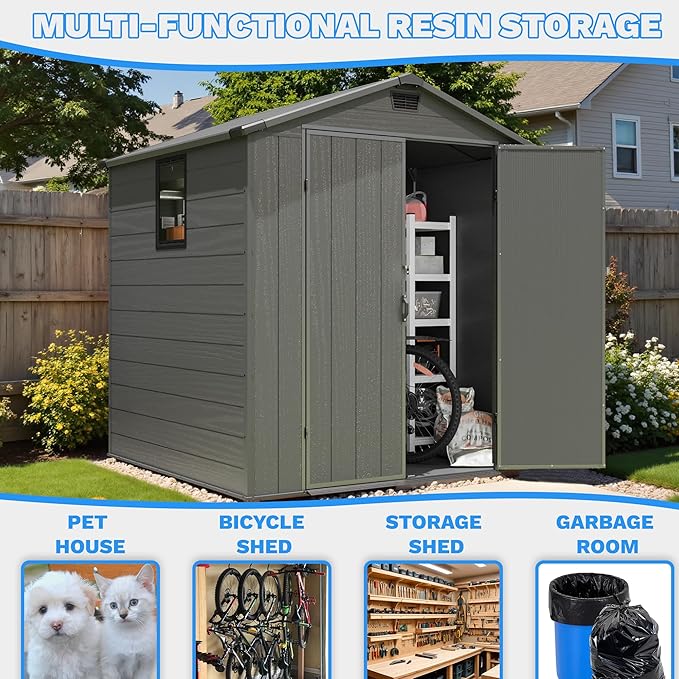 Greesum 6x6FT Plastic Outdoor Storage Shed with Floor, Resin Storaged Sheds with Lockable Double Door, Window and Vents, All-Weather Tool Sheds for Garden, Backyard, Patio, Dark Gray