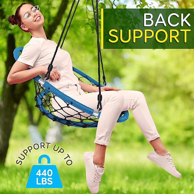 SereneLife Hanging Netted Seat Swing - 35.5 Inch Kids Indoor Outdoor Yard Round Circle Saucer Swing for Trees or Swing Sets - All Season UV Resistant Rope Swing Net Seat - SLSWNG125