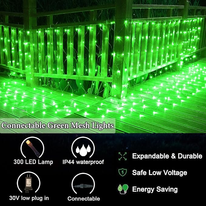OYCBUZO 300LED Green Net Lights, 14.8ftx5ft 8 Modes Christmas Mesh Lights Connectable, Waterproof String Lights Plug in for Bushes Xmas Tree St Patrick's Day Holiday Party Patio Garden Outdoor Decor