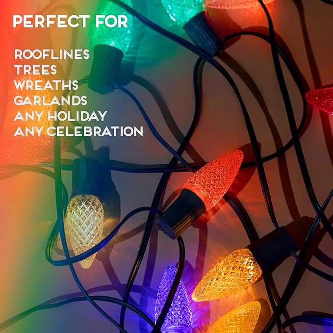 HLO Lighting Set of 25 Multicolor (Red Green Blue Yellow Orange) C9 Faceted LED Christmas Light Bulbs for Indoor & Outdoor Use | Durable Replacement Bulbs