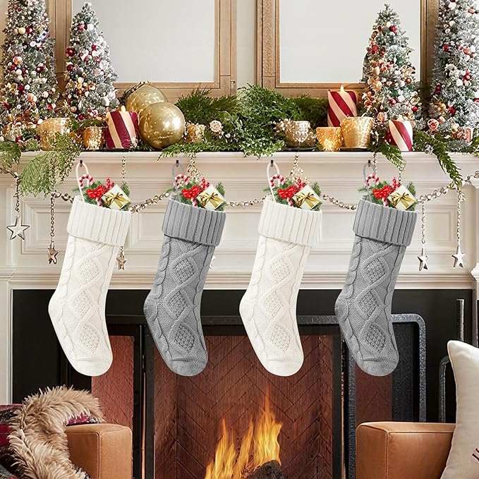 Christmas Stockings 18 Inches,Long Knitted Socks Christmas Decoration Hanging Stocking Fireplace Xmas Tree Stocking for Home Family（2white+2gray）
