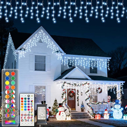 LitHome Color Changing Icicle Lights for Outside, 35 Colors Christmas Icicle Lights with Remote Plug in, 360 LED 58FT Cool White Christmas Icicle Light Indoor Connectable for Xmas Holiday Roof Decor